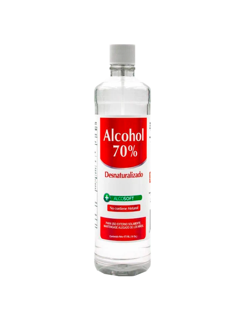 Alcohol Desnaturalizado 70%.  ALCOSOFT Botella con tapa rosca 24 x 16 oz 473 mL